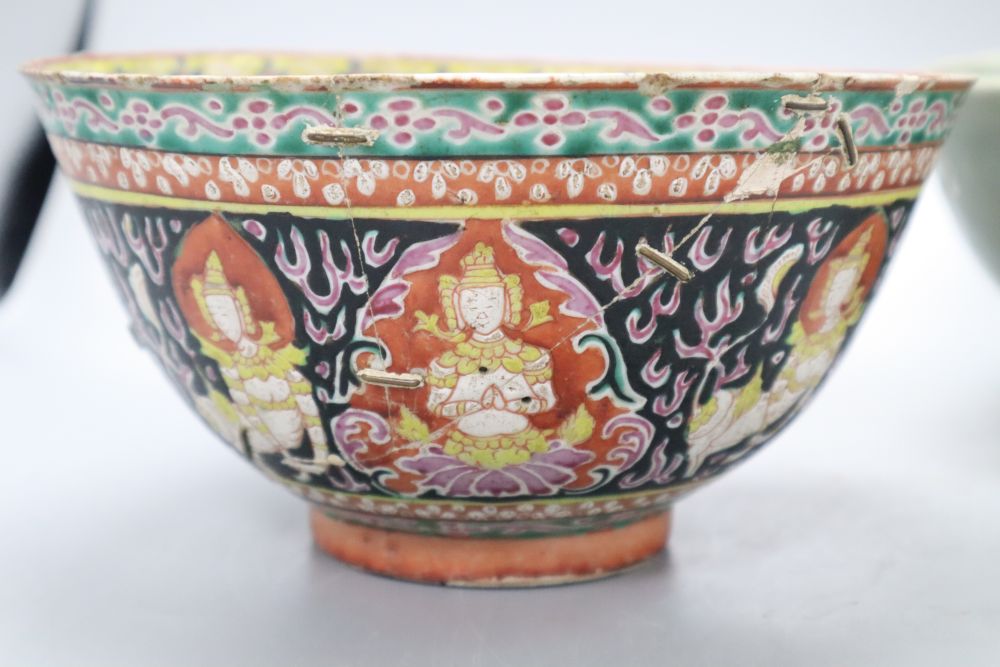 A Chinese celadon bowl, a Thai market famille rose bowl and a crackle glaze bowl